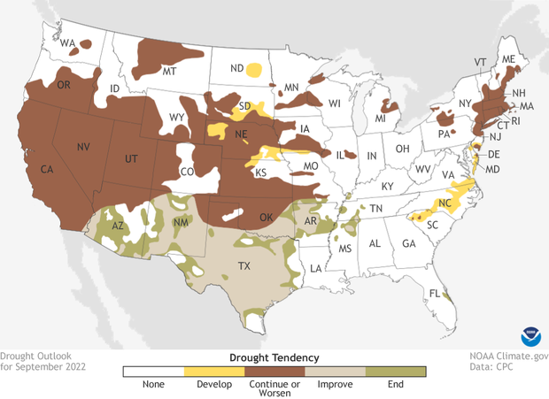US drought outlook for September 2022. Browns out West and in Northeast indicate where drought is favored to remain. Greens over Southwest and Texas indicate where drought is forecast to improve or be removed. Yellows over central plains indicates where drought is favored to develop.