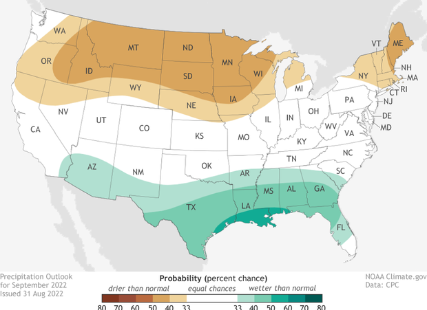 September 2022 precipitation outlook. Browns over northern tier of contiguous US indicate where monthly precipitation is expected to be below average. Blues over southern tier indicate where monthly precipitation is favored to be above average.