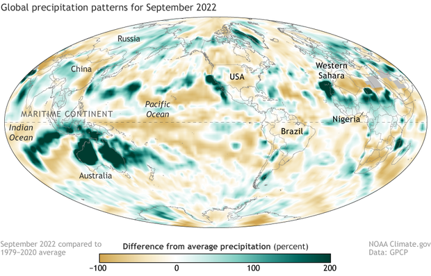 Global map of precipitation in September 2022 as a percent difference from average