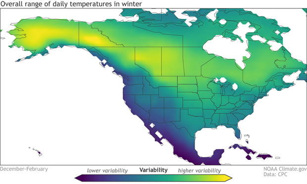 Map showing the average range of daily temperatures during winter