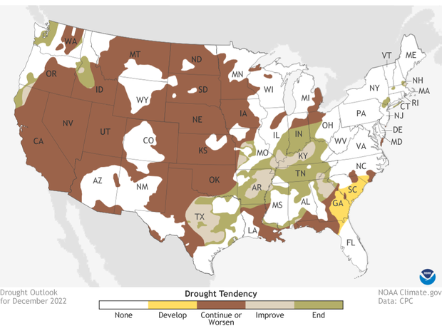 December 2022 Drought outlook. Brown over western US indicates areas where experts forecast drought will persist or worsen. Green areas over southern US mean drought is likely to end. Yellows over Southeast indicate where drought is favored to develop.