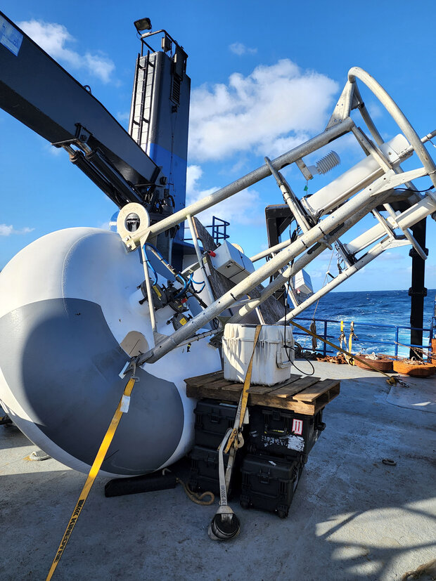 A new version of the TAO buoy on the deck of a ship