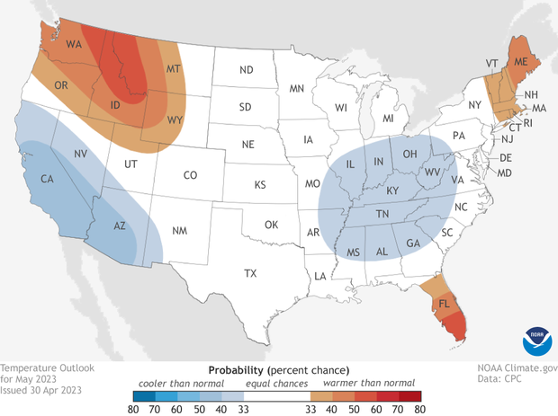 U.S. map showing average May temperature probabilities