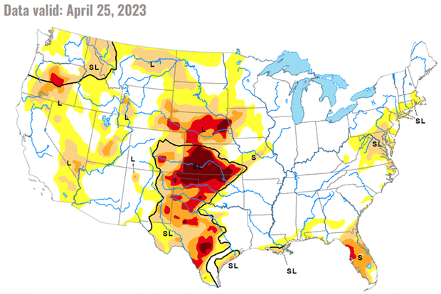 Drought Monitor map of US, Apr-25-2023