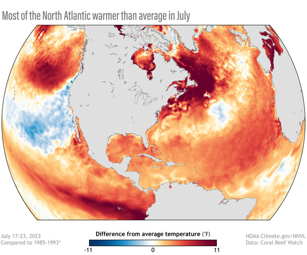 Globe-style map of ocean temperatures showing warmth in the Atlantic