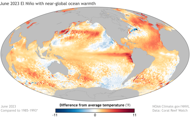 Map showing sea surface temperature in June 2023