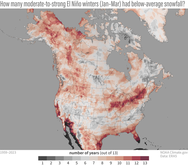 Map of North America showing how many strong-to-moderate El Niño winters  had below-average snowfall