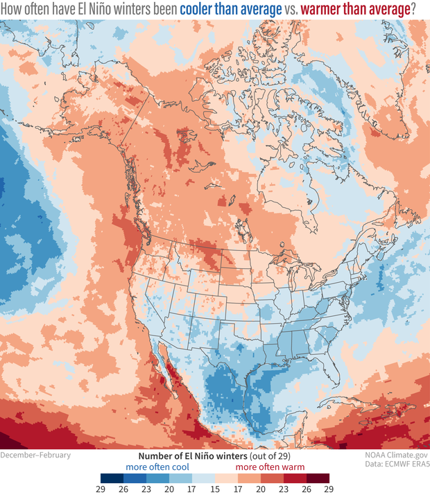 Map of North America showing frequency of below and above average winter temps