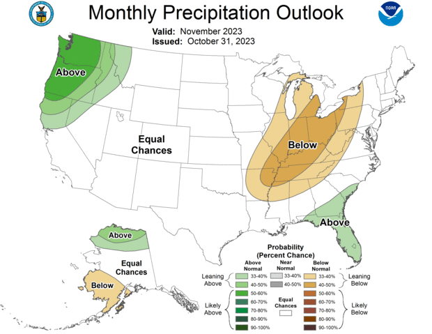 US map of precipitation forecast for Novemebr 2023