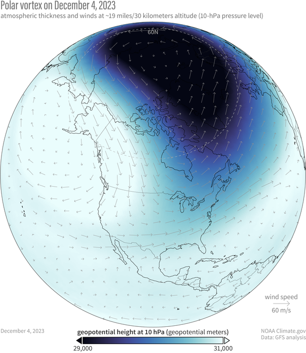 Map showing shape of polar vortex and wind speed and direction