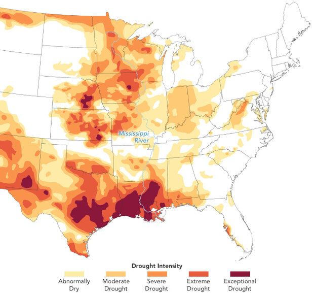 Color-coded map of drought conditions around Mississippi River
