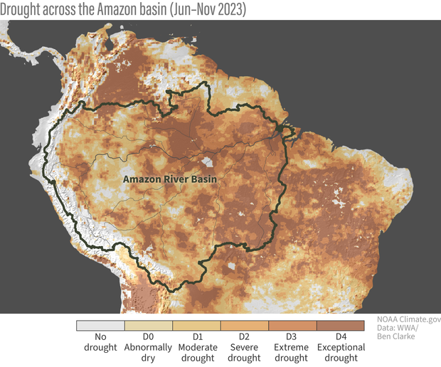 Map of northern South America showing drought status from June to November 2023