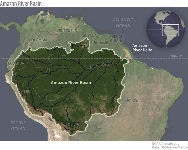 Photo-like satellite composite of northern South America with Amazon River Basin outlined