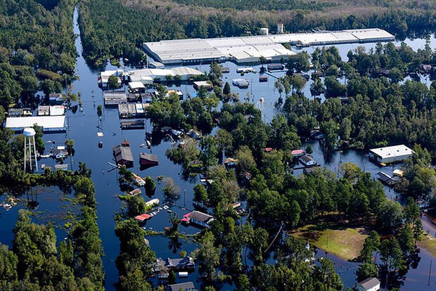 Aerial view of flooded buildings and streets