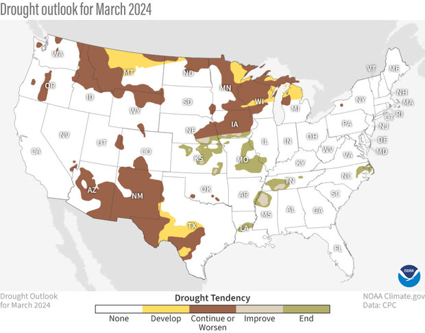 U.S. map showing the drought forecast for March 2024