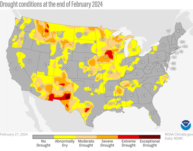 Map of contiguous United States showing drought conditions in late February
