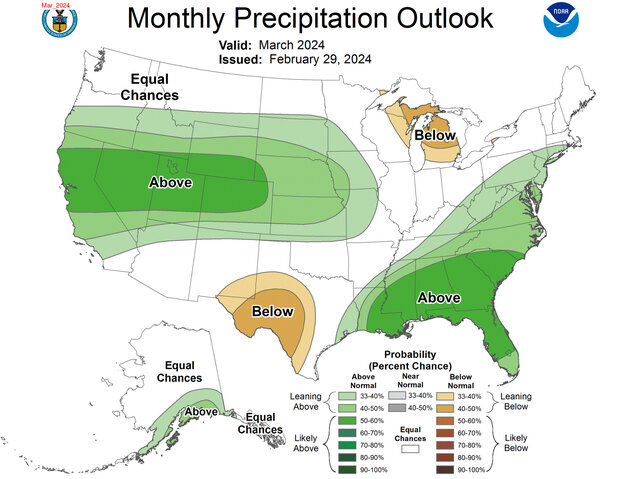 U.S. map of precipitation outlook chances for March 2024