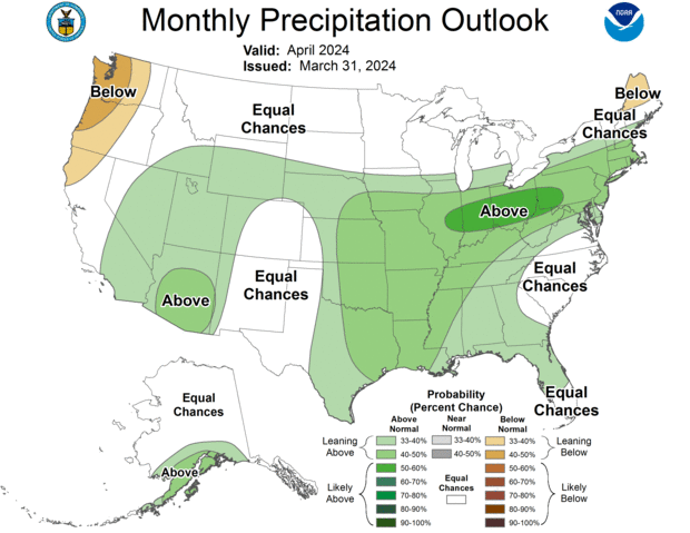 Map of U.S. precipitation forecast for April 2024