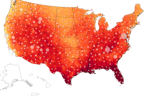 Map of projected extreme heat and buildings
