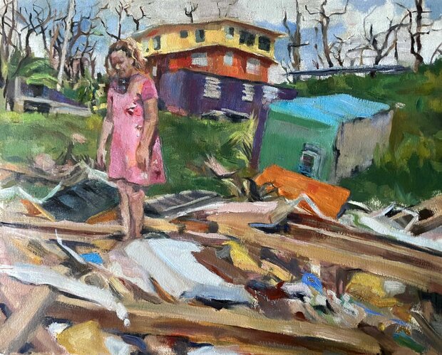 Brightly colored oil painting using vivid blues, purples, oranges, yellows, and greens depicts a person with lighter skin in the aftermath of a storm. The person stands in a yard amid scattered debris from what appears to be a destroyed home. A house in the background remains standing, with a row of leafless trees behind it.