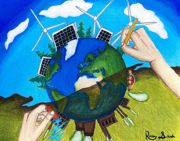 Student’s artwork focused on human pollution and solutions. Pencil drawing shows a globe, with the top half in bright greens and blues and featuring solar panels and wind turbines, and the bottom half obscured by a yellowish haze, with cars and factories spewing smoke. In the lower half a large human hand holds an eraser that is clearing up the pollution, while in the top half another hand is drawing with a pencil.