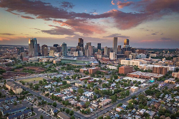 Denver skyline in low-angled sun