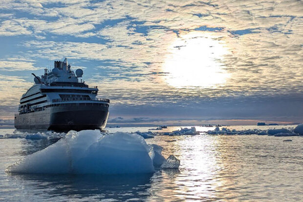 Photo of icebreaker in low-angled sunlight