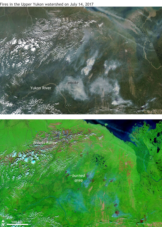 Pair of satellite images of fires in Northeast Alaska. One image made with photo-like visible light, the other made with a combination of visible and infrared.