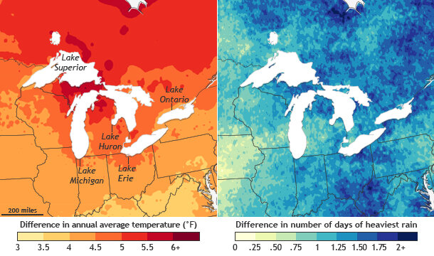 side-by-side maps of projected temperature and precipitation changes in the Great Lakes region as a result of global warming 