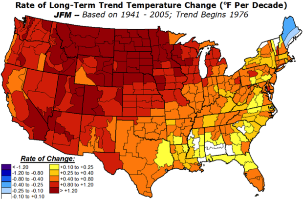 Map of U.S. Lower 48 states showing warming trend for all climate divisions between 1976 and 2005