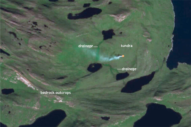 An infrared-enhanced satellite image of the fire before it spread. Satellite image from the European Space Agency, pulled as a screenshot from Stef Lhermitte's Youtube animation of the fire progression. 