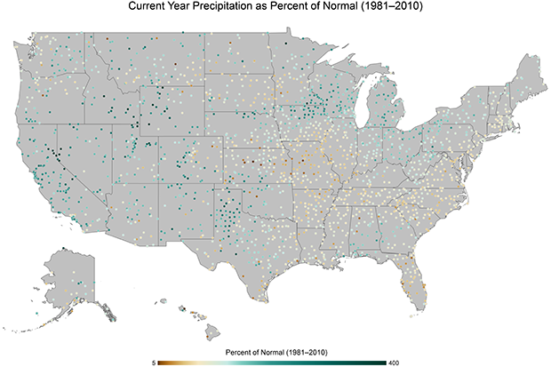 United States map of precipitation to date compared to normal