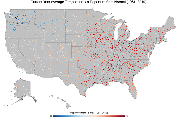 Map of U.S. temperatures to date compared to normal