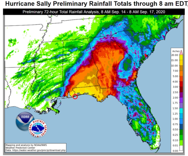 Radar based map of rainfall over the Southeast during Hurricane Salley in September 2020