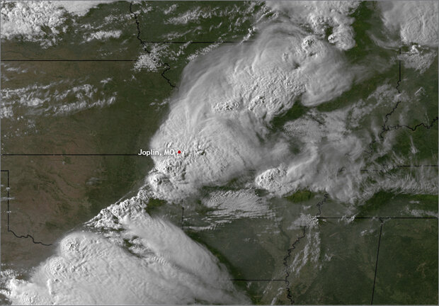 Satellite image of line of thunderstorms
