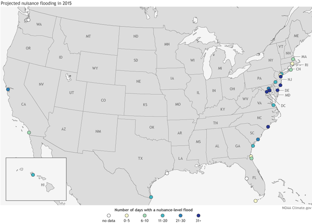 U.S. map showing projected days with nuisance floods in May 2015-April 2016