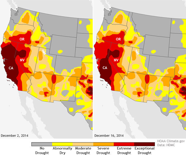 Map pair showing drought conditions across California on December 2 (left) and December 16 (right)