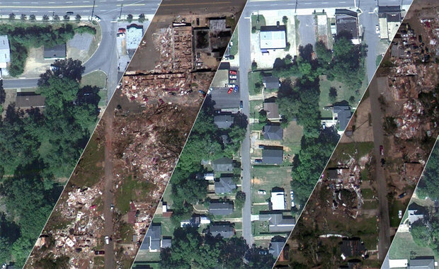 Aerial views of before and after tornado destruction