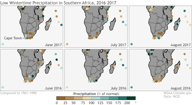 Six small maps of South Africa showing station-recorded precipitation anomalies 