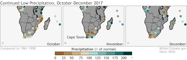 Trio of small maps of South Africa showing station-recorded precipitation anomalies