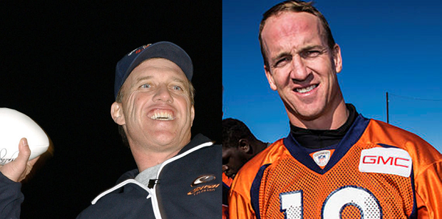 Denver Broncos quarterbacks John Elway (1998) and Peyton Manning (2015)