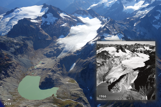 Image of Retreat of South Cascades Glacier in Washington between 1966 (black and white inset) and 2014