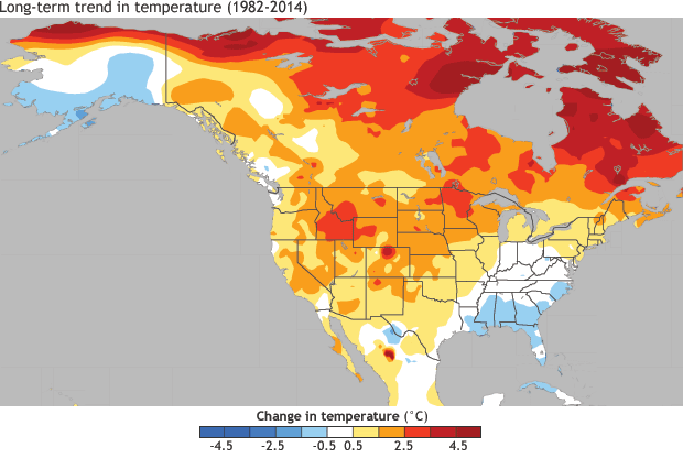 Long-term trend in temperature in North America, 1982-2014