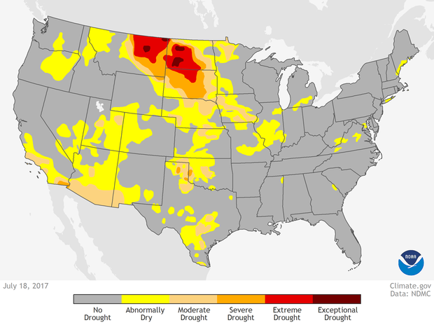Drought conditions in the contiguous United States as of July 18, 2017. NOAA Climate.gov image from the Data Snapshots collection, based on data from the U.S. Drought Monitor project.
