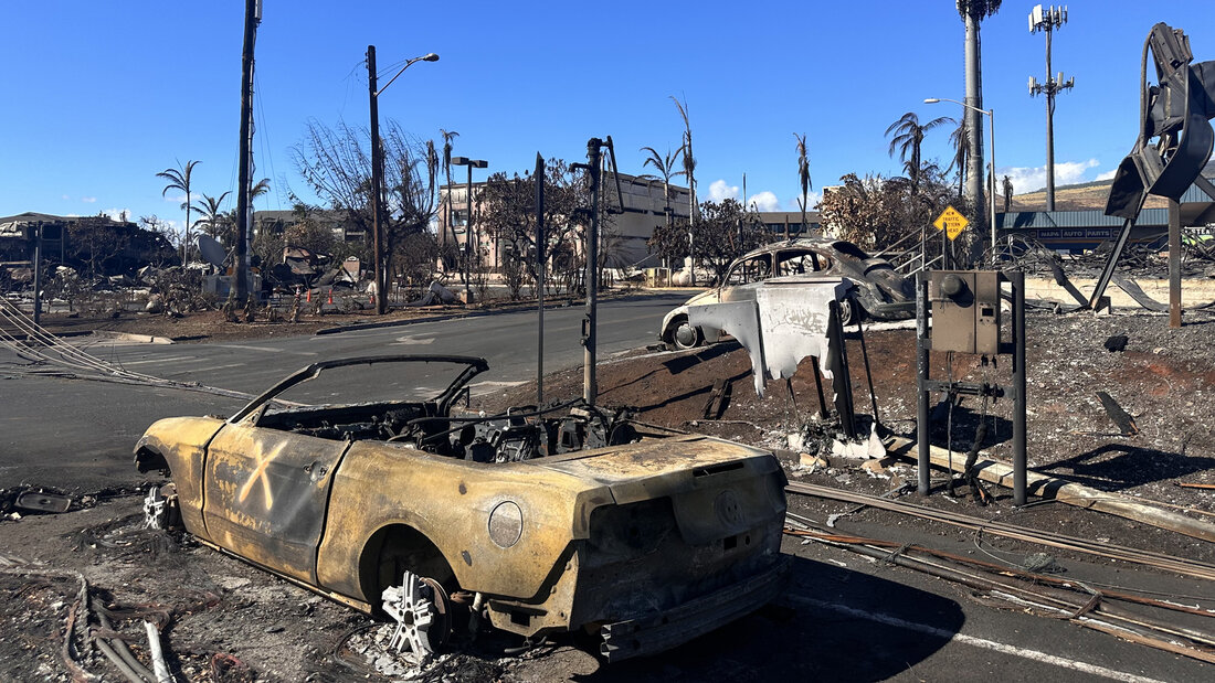Burned cars and structures in Lahaina, Maui Island