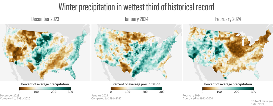 Trio of U.S. maps of precipitation for December, January, and February