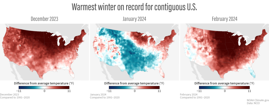 Trio of U.S. temperature maps for December, January, February