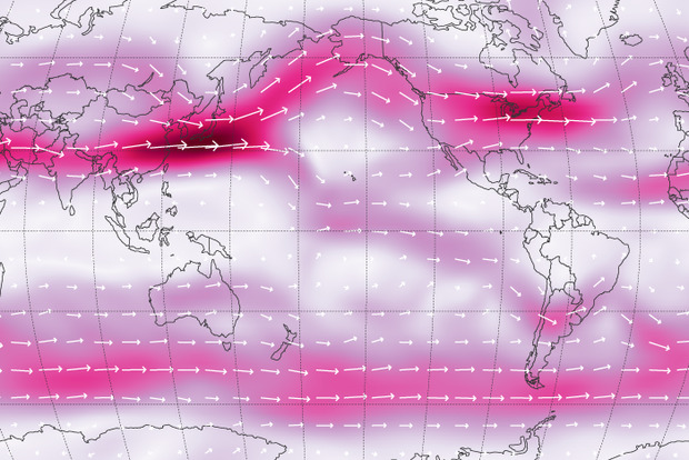 Map of December 2021 jet stream pattern over Northern Hemisphere