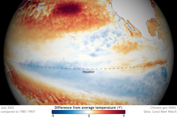 GLobe-style map showing cooler-than-average temperatures in the ocean along the equator in the tropical Pacific 