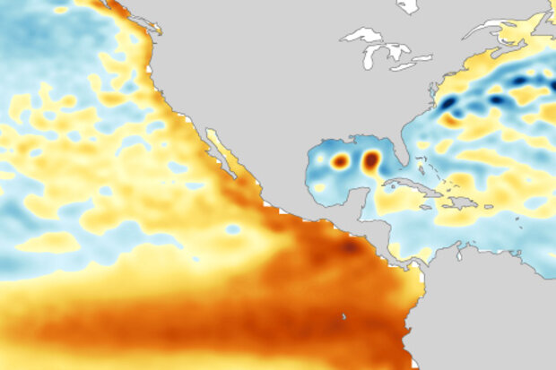 Oranges along west coast indicate below average sea surface heights while blues in Gulf of Mexico and East Coast show higher than normal sea surface heights during the peak of the 1997-1998 El Nino